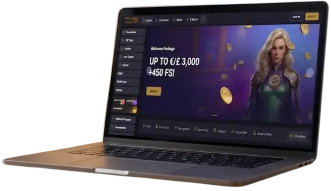 Laptop displaying WinKingdom Casino website on a wooden desk showing the welcome bonus package